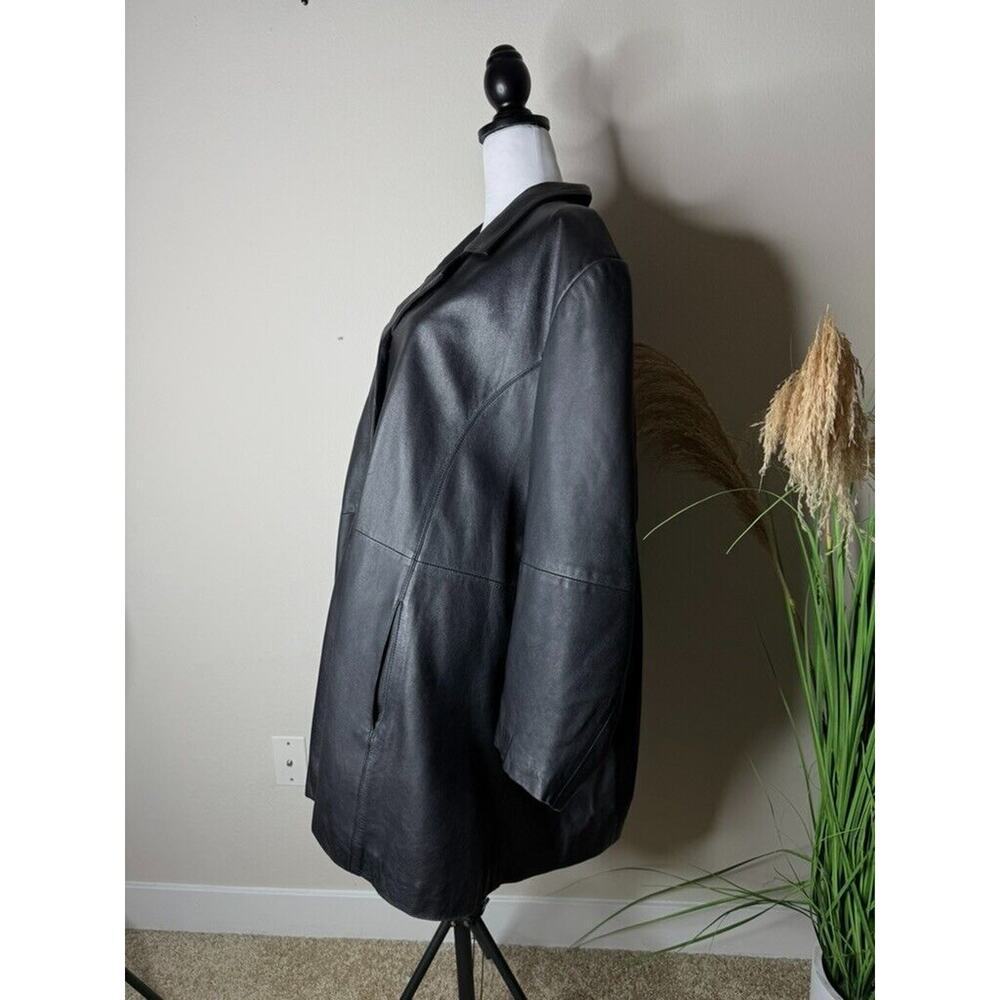 Avenue Y2K Vintage Leather Jacket Black Button Womens 26/28 Longline Collar FLAW - Picture 3 of 13